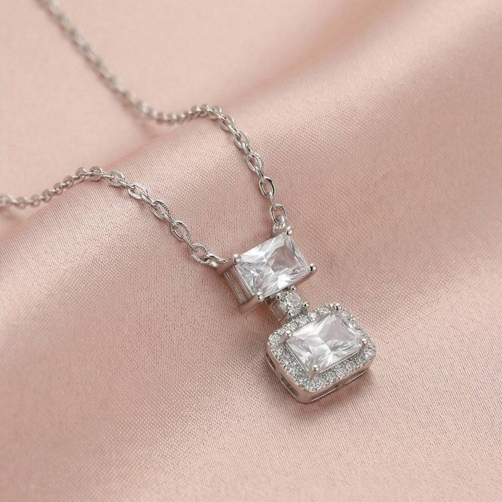 Double CZ Halo Pendant Necklace | Silver Emerald Cut Cubic Zirconia