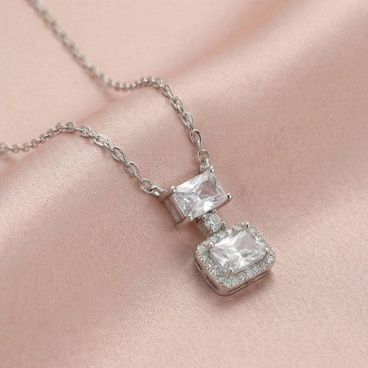 Double CZ Halo Pendant Necklace | Silver Emerald Cut Cubic Zirconia